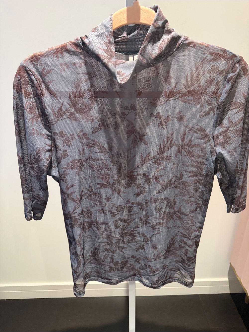 Anthropologie Sheer Botanical Mock Neck Top - Blue and grey/black